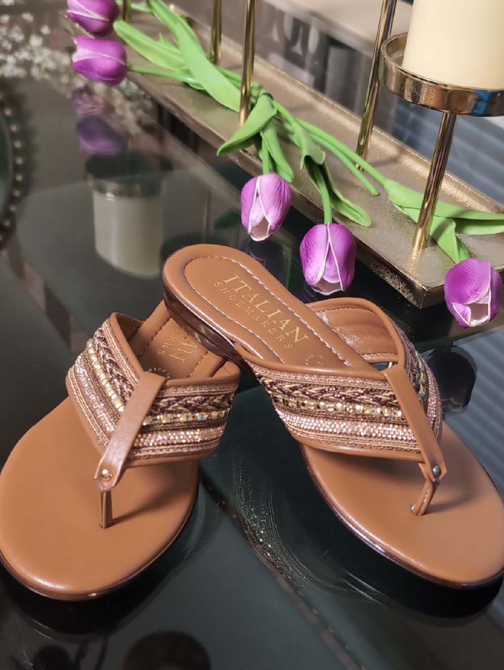 Italian Shoemakers Tan Strappy Beaded Thong Sandals